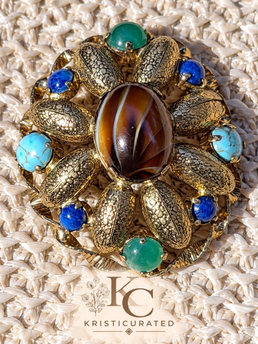 Vintage Style Banded Brown Cabochon Brooch Gold Tone Multicolor Pin